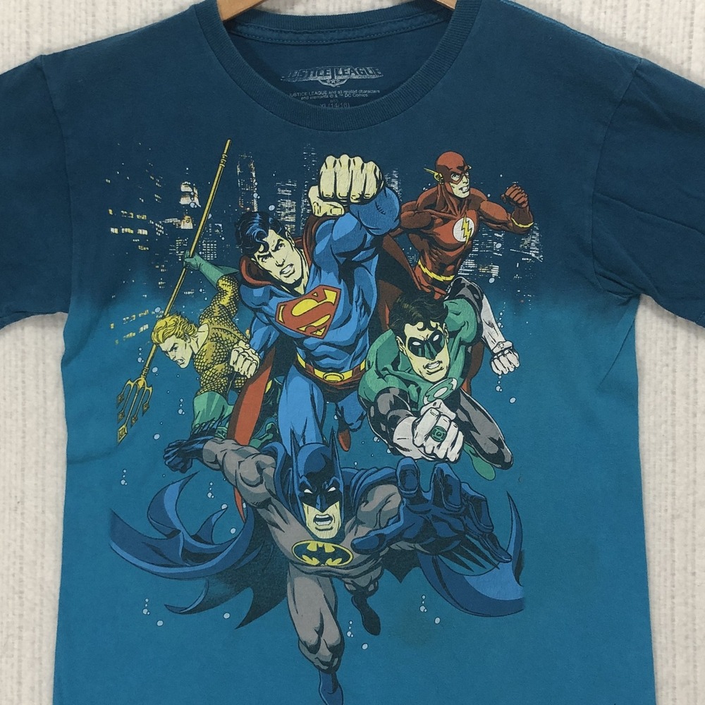 Justice League Boys Blue Ombre Graphic T-Shirt Batman Superman XL 14/16